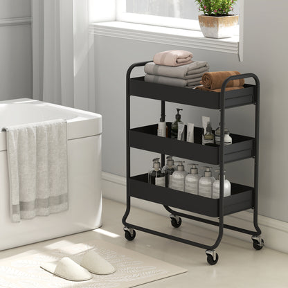 Rakemi Metal Black 3 Tier Rolling Utility Trolley With Mesh Baskets