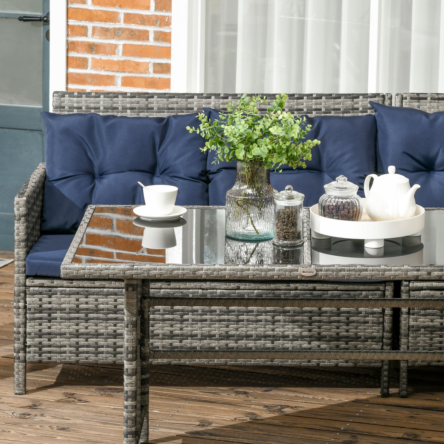 Rarapa Rattan Dark Blue 7 Seater Garden Sofa Set With Glass Table And Cushions