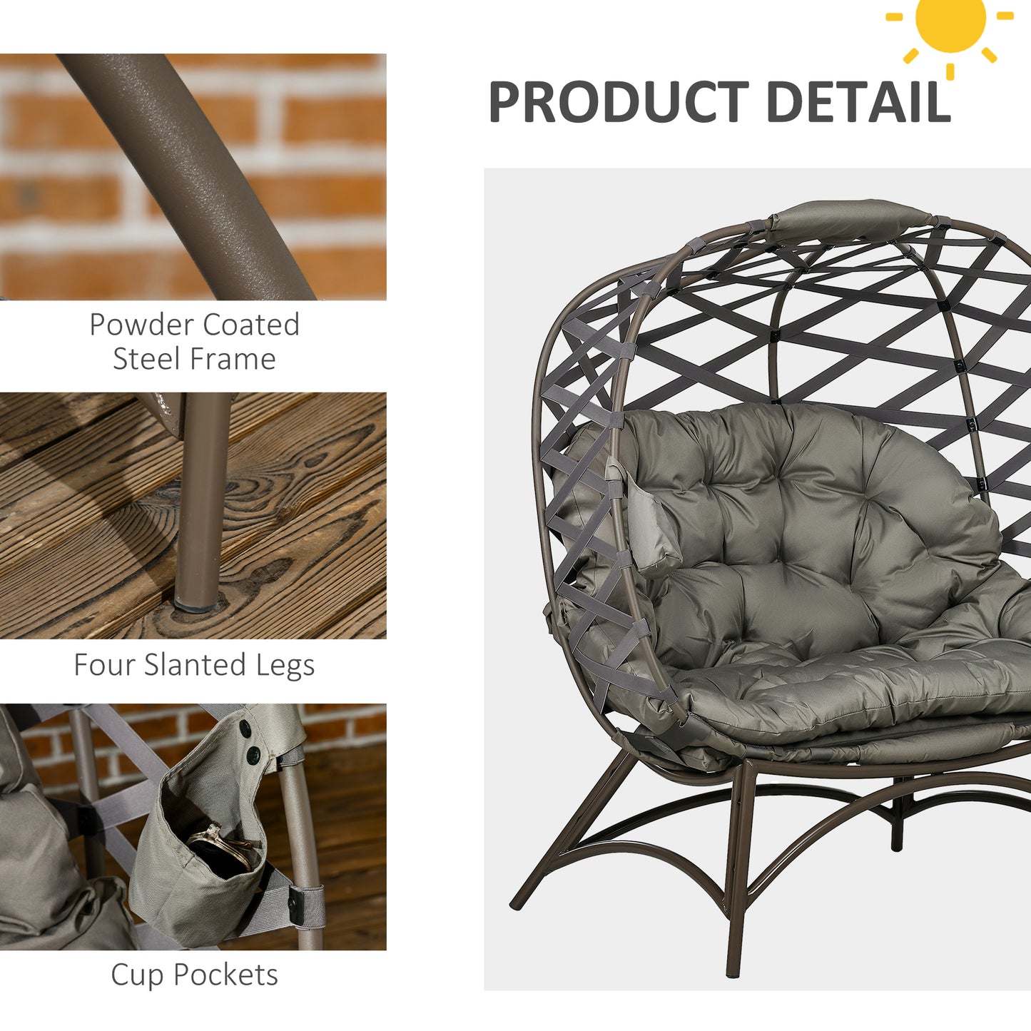 Stitzza Woven Rattan Sand Brown 2 Seater Folding Egg Chair With Cushions And Cup Holders
