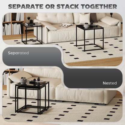 Raviccu Metal And Glass Black Set Of 2 Nesting Coffee Tables With TemFauxred Glass Tops