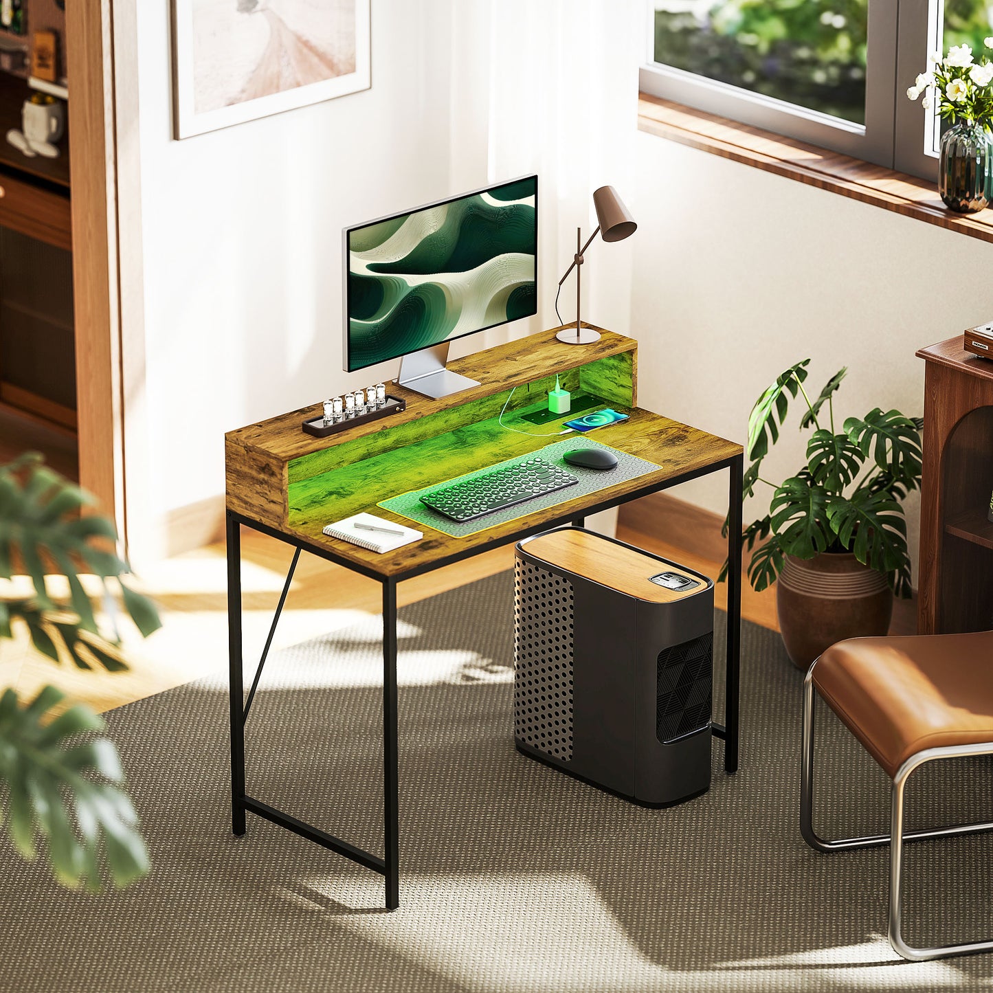 Rena Rustic Brown 100cm Gaming Desk With LED Lights Power Outlets And Monitor Stand