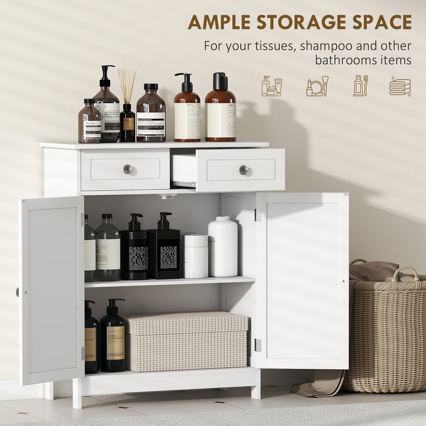 Zilu Freestanding Bathroom Storage Cabinet With 2 Drawers And Cupboard Traditional White Finish 75x60cm