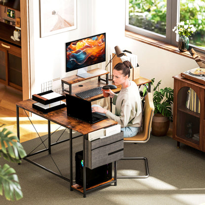 Lesano 168cm Rustic Brow Reversible Industrial L Shaped Desk With Adjustable Shelves And Monitor Stand