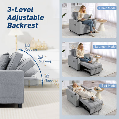 Soliri Light Grey Upholstered 3 In One Convertible Single Sofa Bed Tufted Cushion