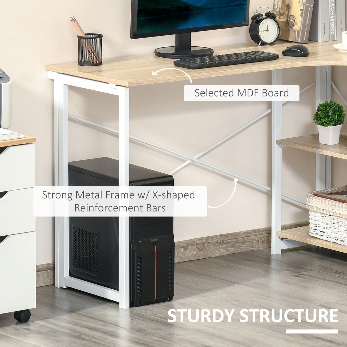 Haba 120cm Wooden Oak and White Metal Folding L Shaped Desk With 2 Tier Storage Shelves