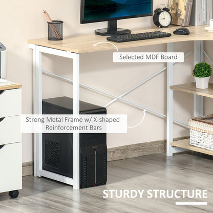 Haba 120cm Wooden Oak and White Metal Folding L Shaped Desk With 2 Tier Storage Shelves