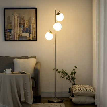 Moretta Metal Silver 3 Light Tree Floor Lamp With Globe Shades And Steel Base