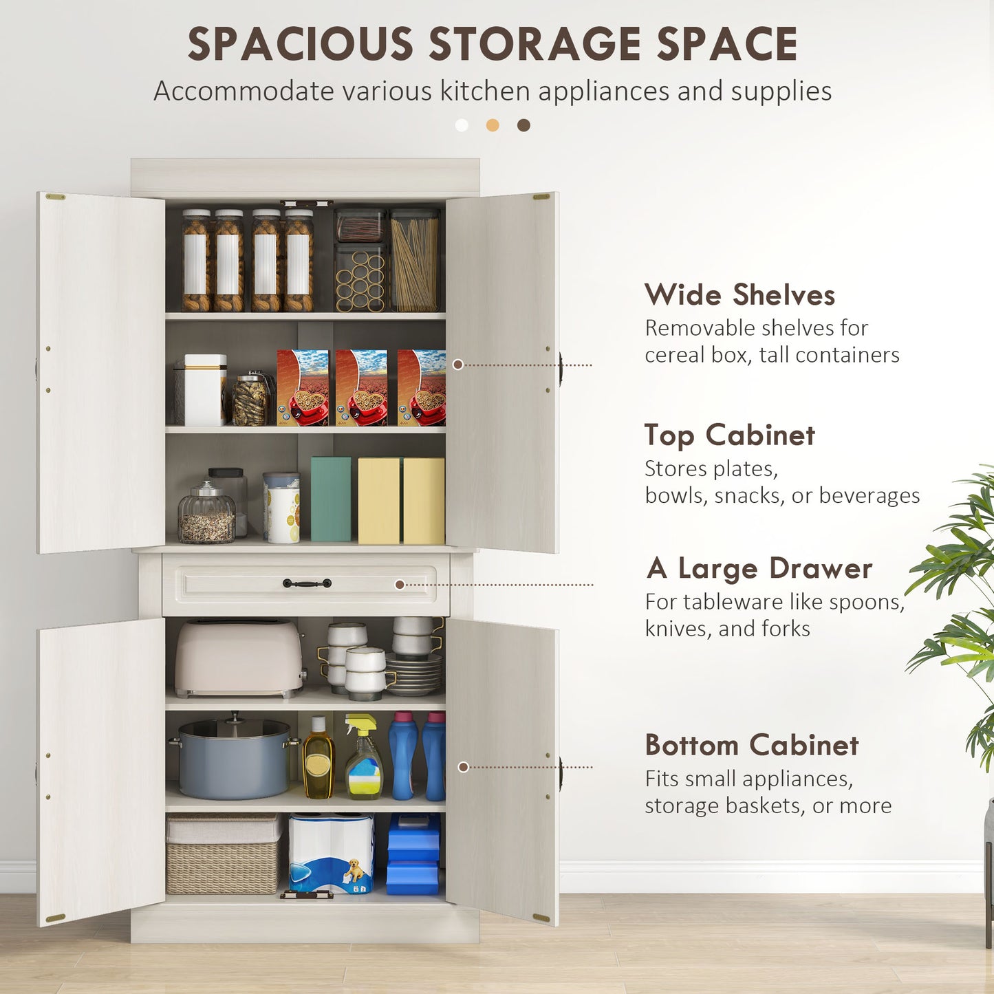 Tokeri Wooden Cream White Tall Kitchen Pantry Cabinet 4 Doors And Storage Shelves
