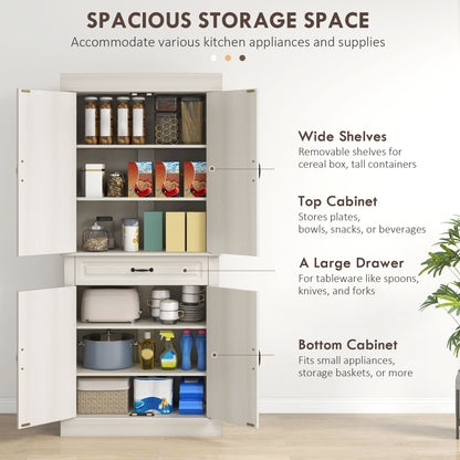 Tokeri Wooden Cream White Tall Kitchen Pantry Cabinet 4 Doors And Storage Shelves
