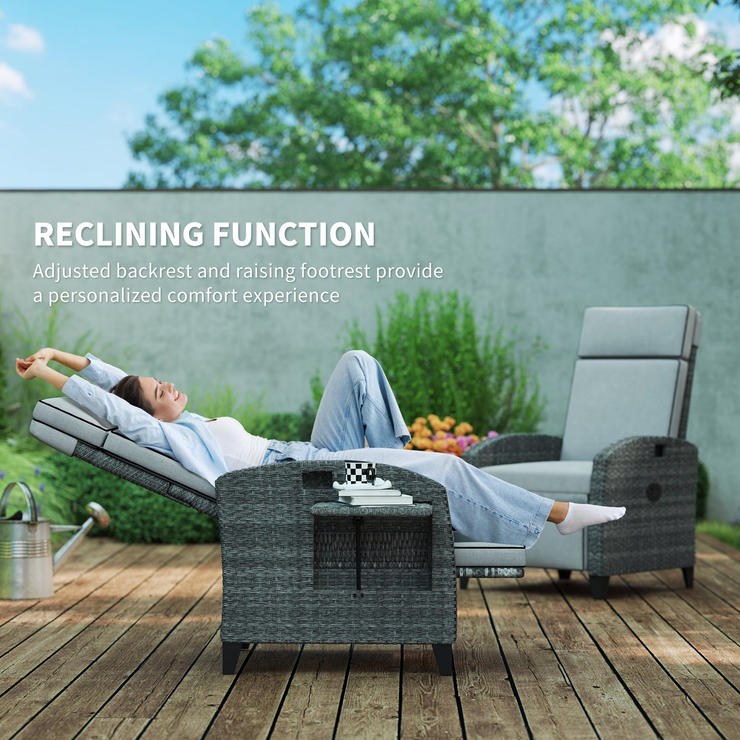 Vike Light Grey Outdoor Recliner Armchair with Side Tray