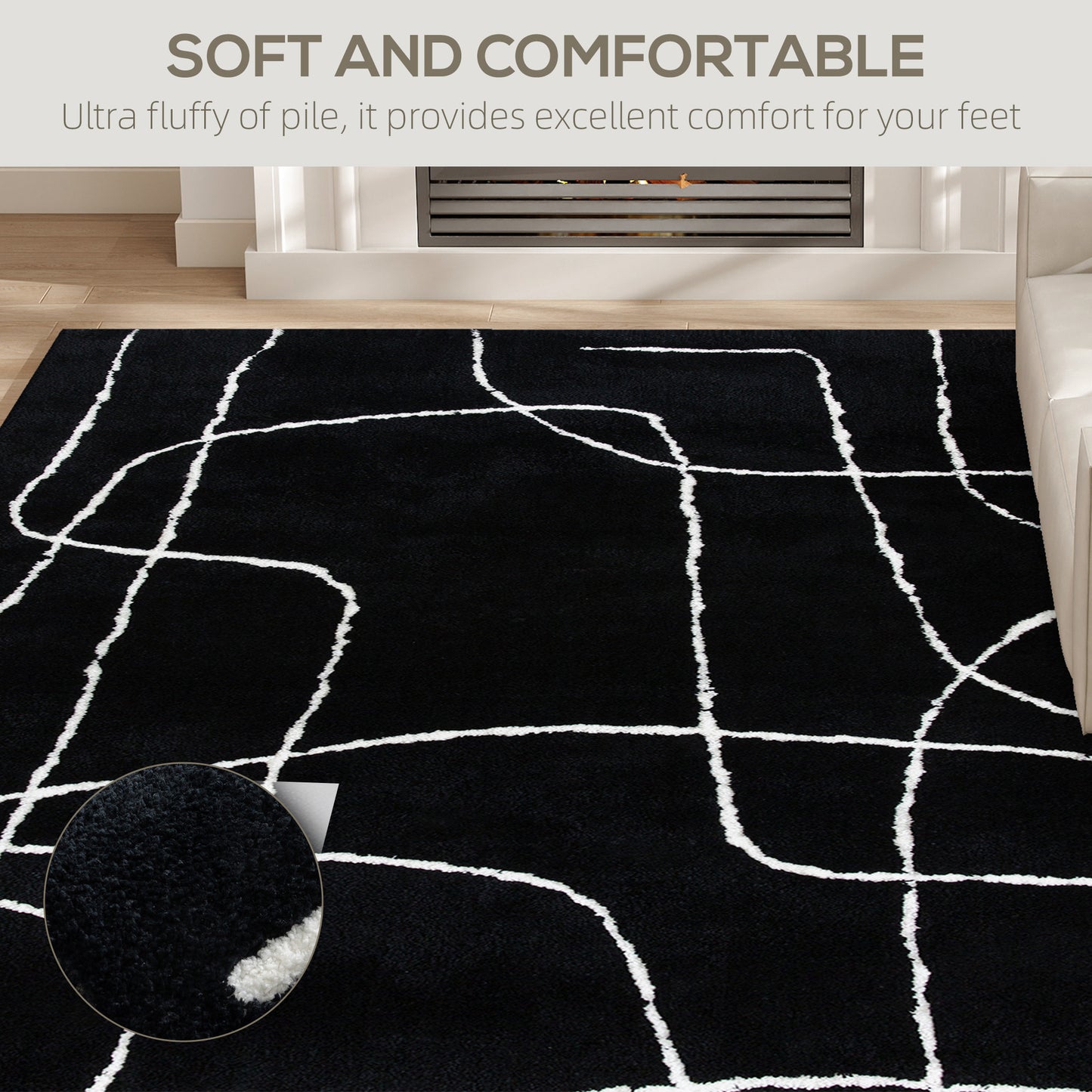 Eldi Black and White Fluffy High Pile Geometric Rug 170 x 120cm