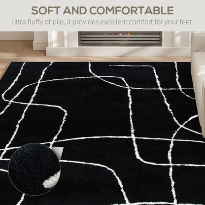 Eldi Black and White Fluffy High Pile Geometric Rug 170 x 120cm