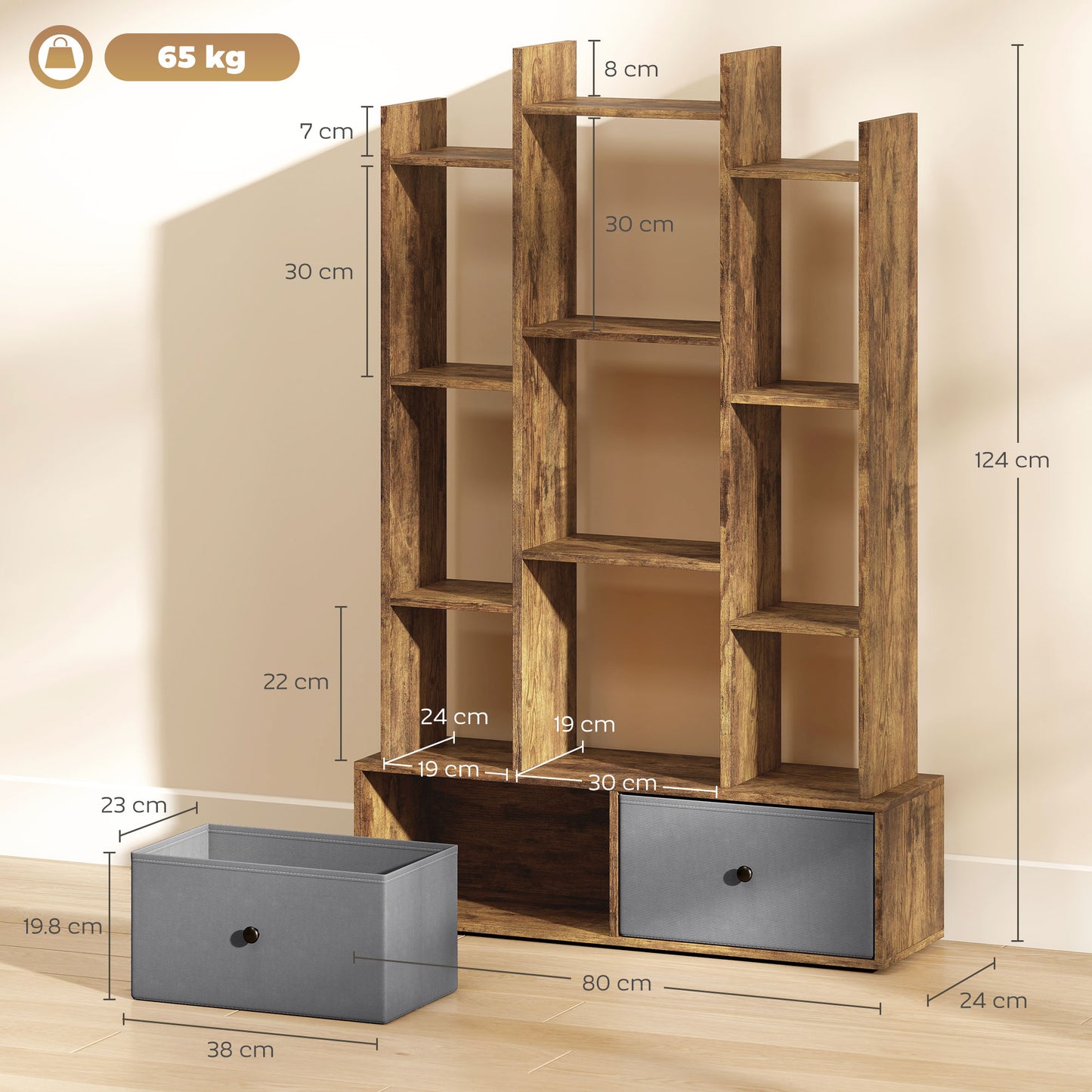 Nero Wooden Brown 12 Compartment Storage Unit With Drawers