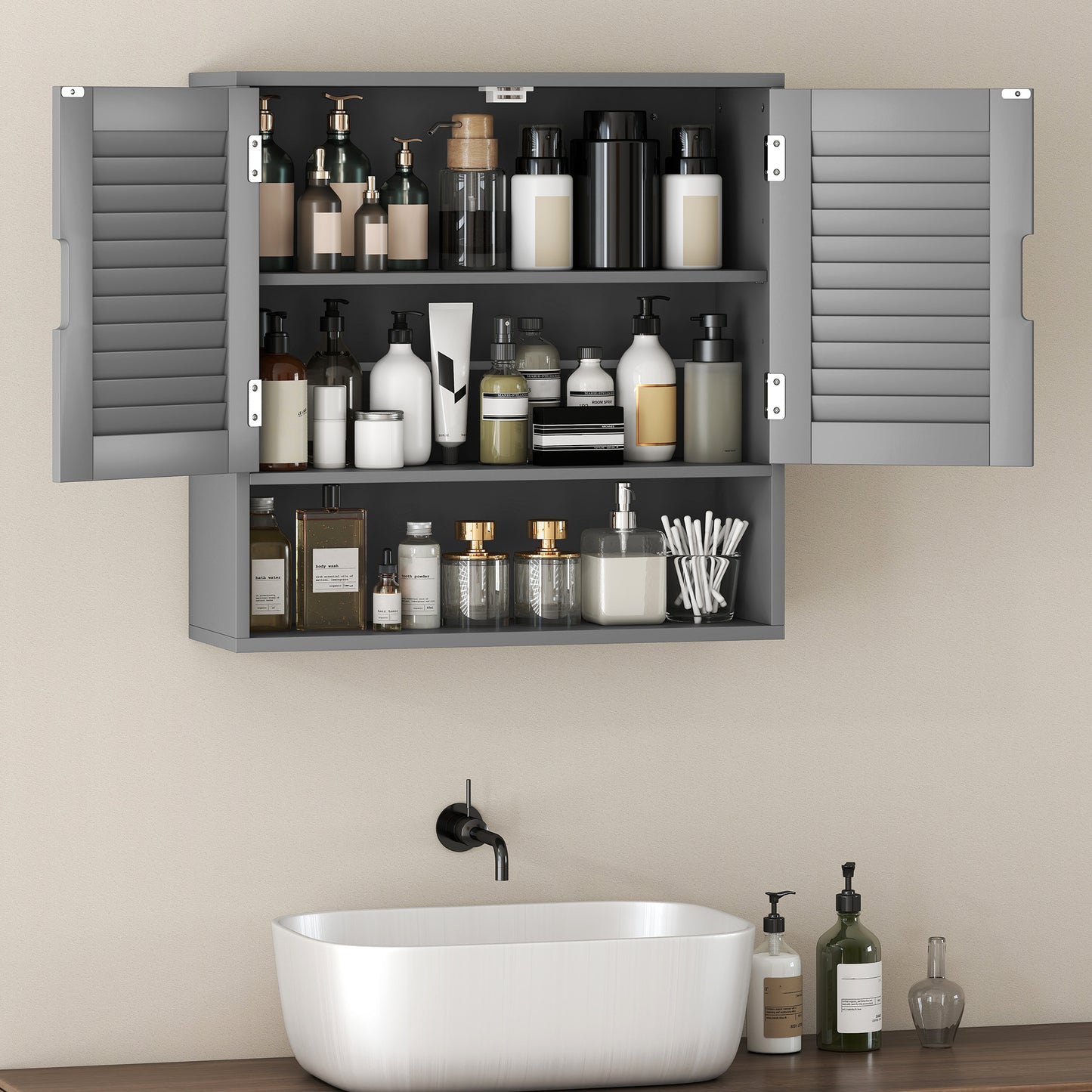 Zilikane Wall Mounted Bathroom Storage Cabinet With Adjustable Shelves Grey 60 x 20 x 60cm