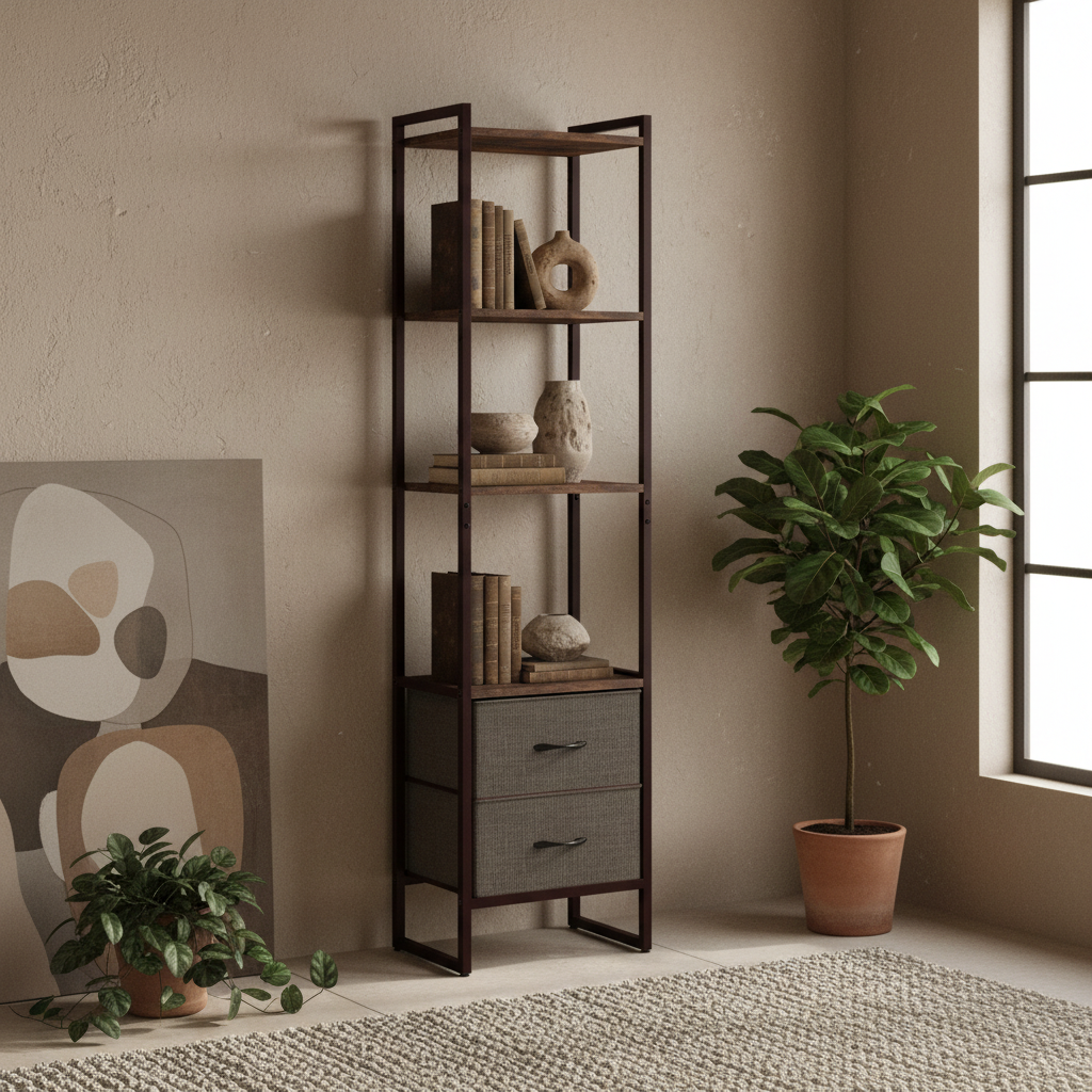 Lufa Metal And Wood Industrial 4 Tier Display Shelf With Lower Drawers