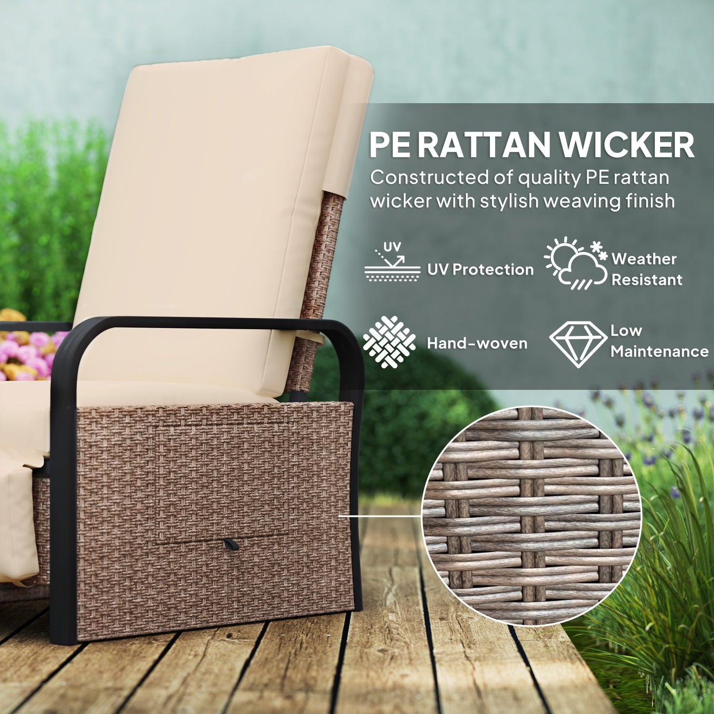 Ratenna Brown Rattan Cream Cushion Reclining Outdoor Armchair