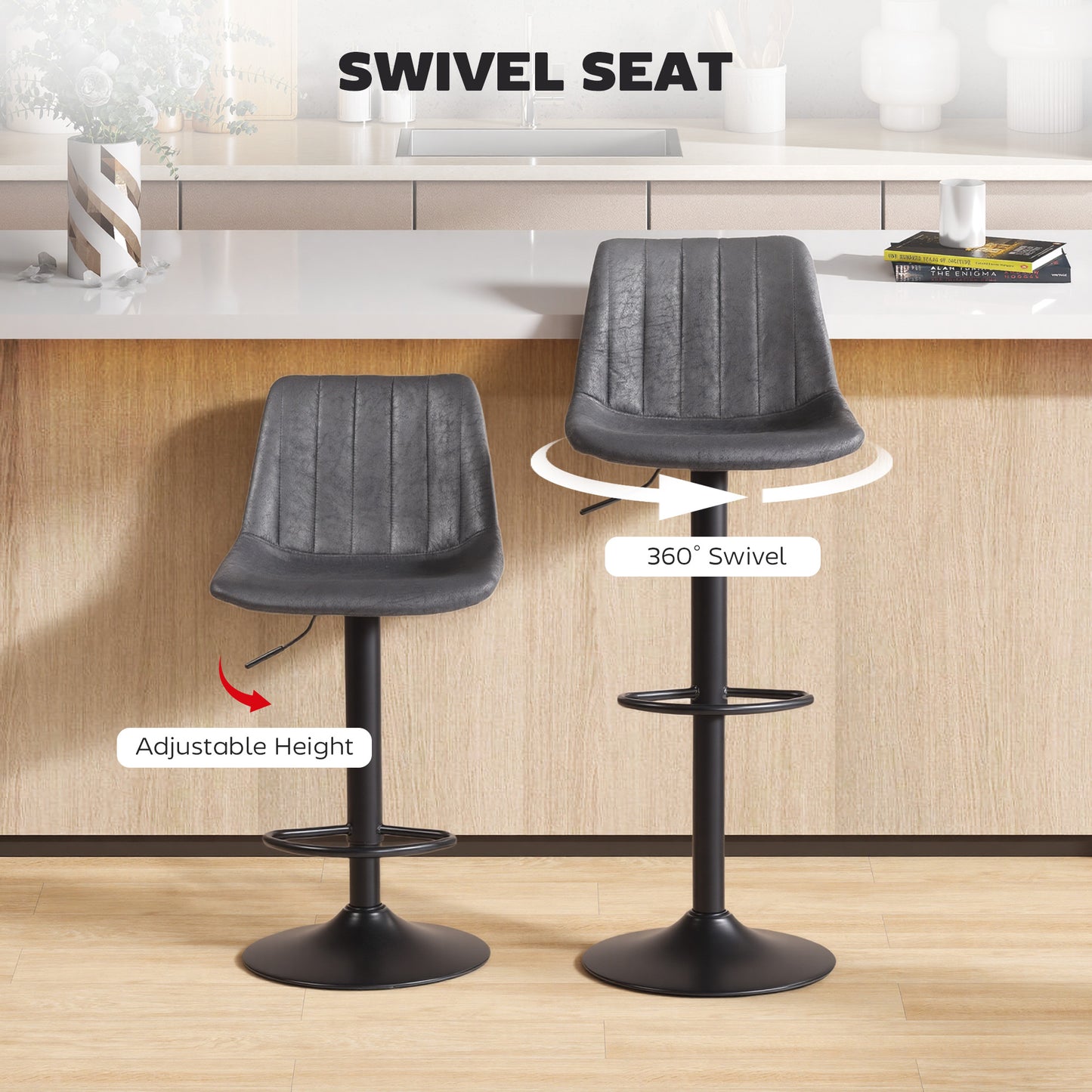 Rotteli Set Of 2 Charcoal Grey Faux Leathar Upholstered Tub Bar Stools