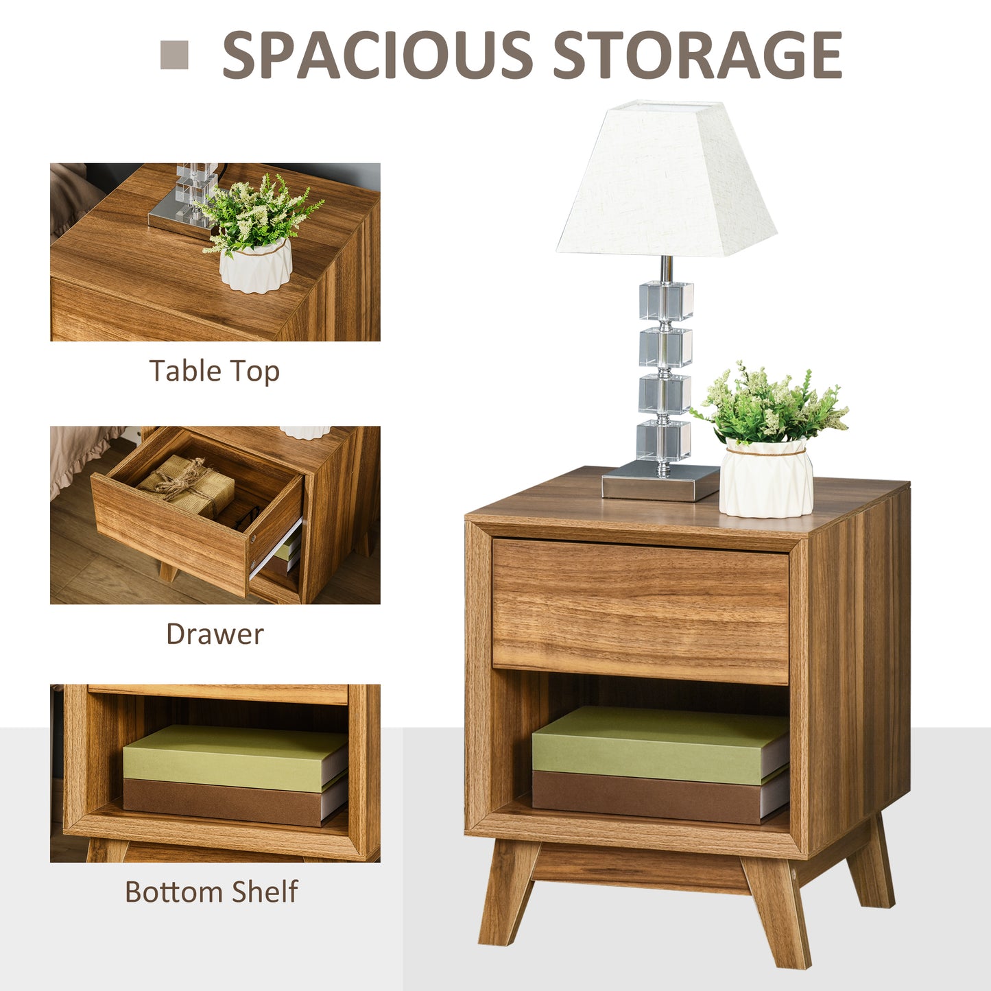 Novafa Walnut Brown Bedside Table With Drawer And Shelf Storage