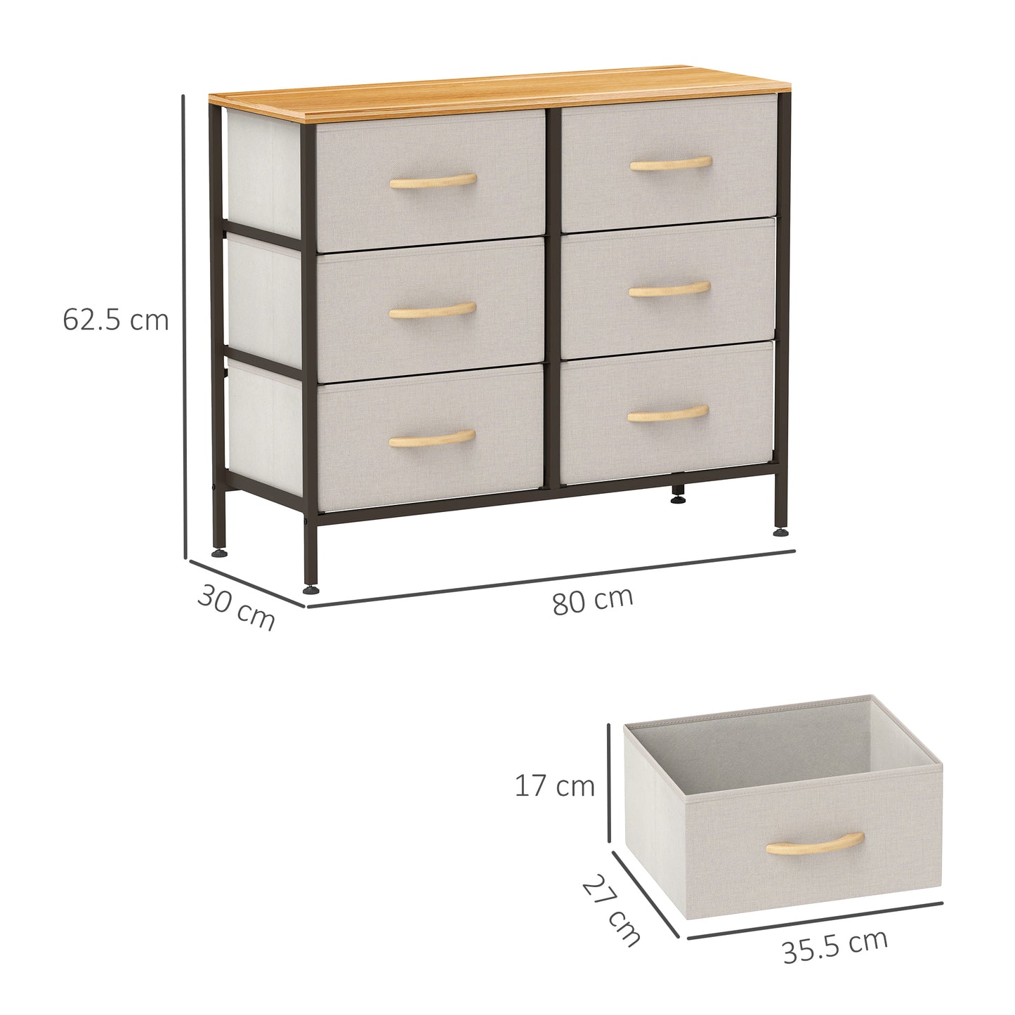 Nali Metal And Fabric Cream White 6 Drawer Industrial Storage Dresser With Steel Frame