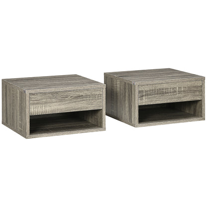 Rosama Set Of 2 Grey Wood Effect Floating Bedside Tables Wall Mounted 1 Drawer 1 Shelf