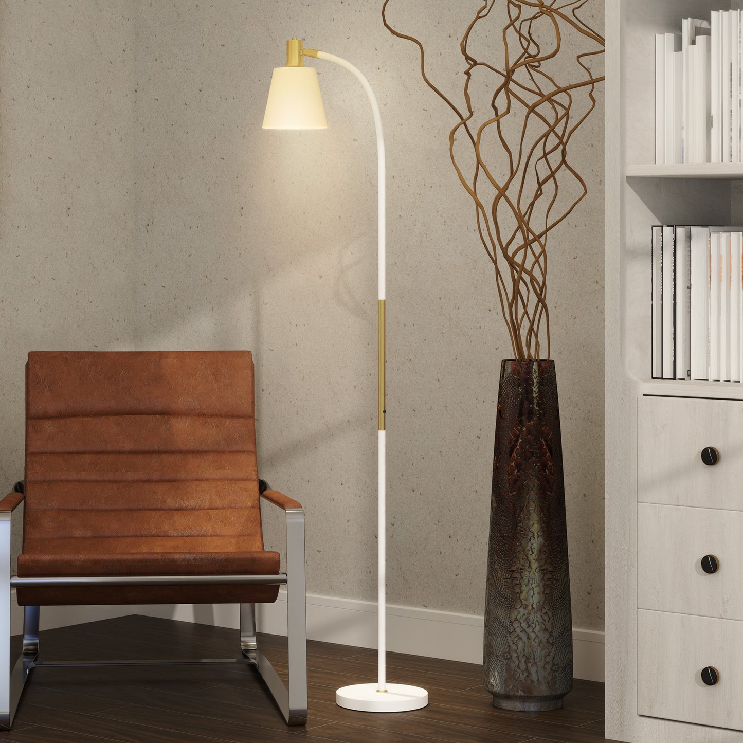 Nadino Metal White and Gold Adjustable Reading Floor Lamp With Spotlight Head