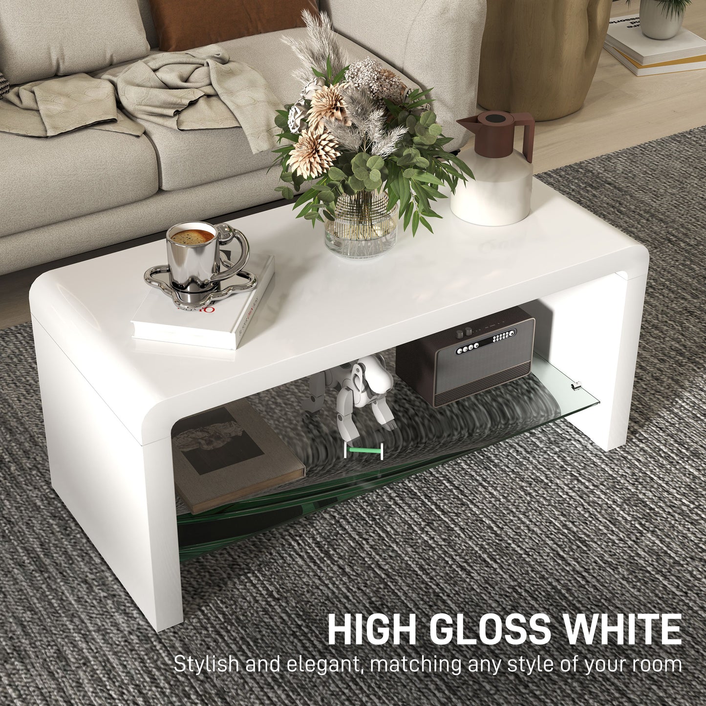 Velimo High Gloss White Curved 2 Tier Coffee Table