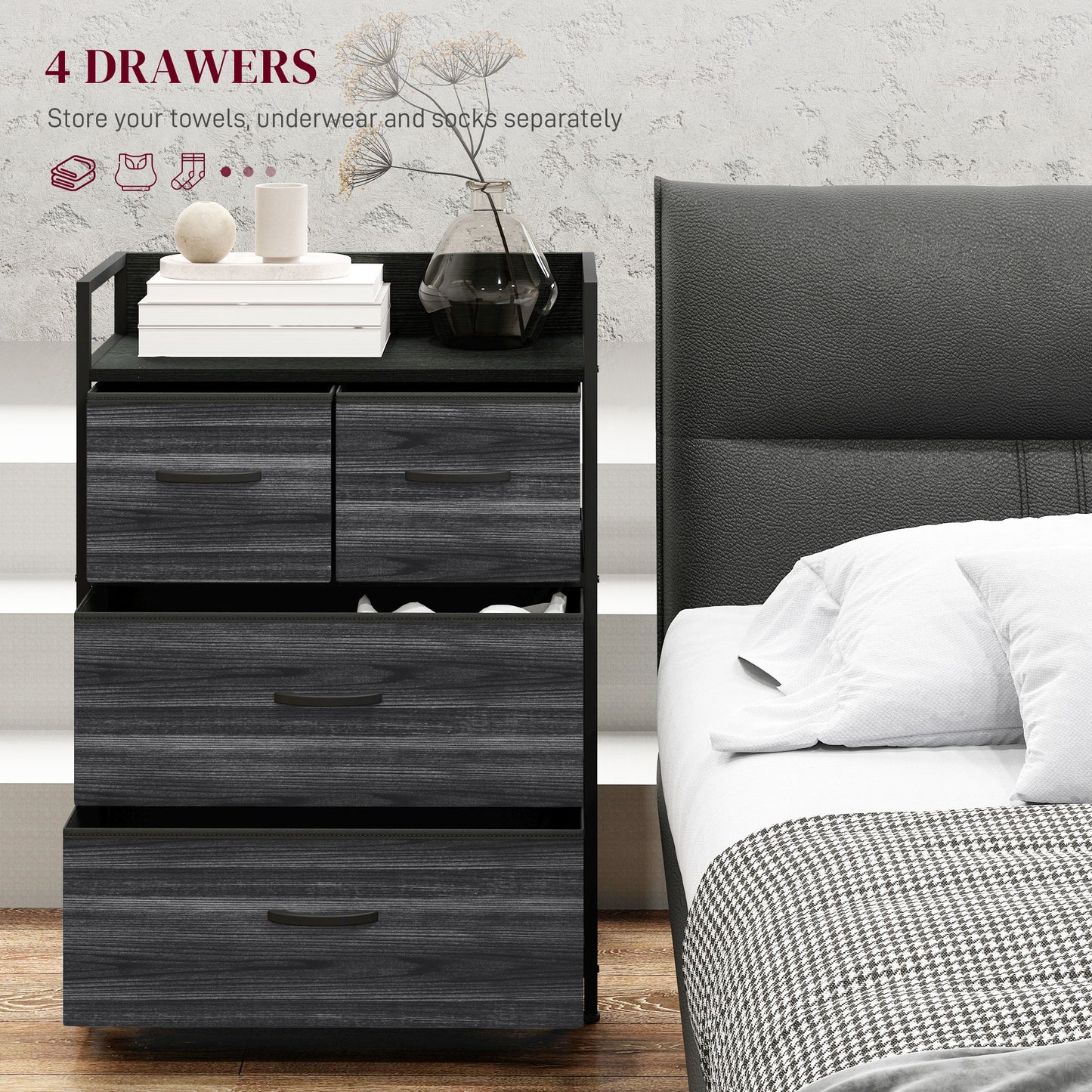 Kele Fabric And Wood Black 4 Drawer Rustic Storage Chest