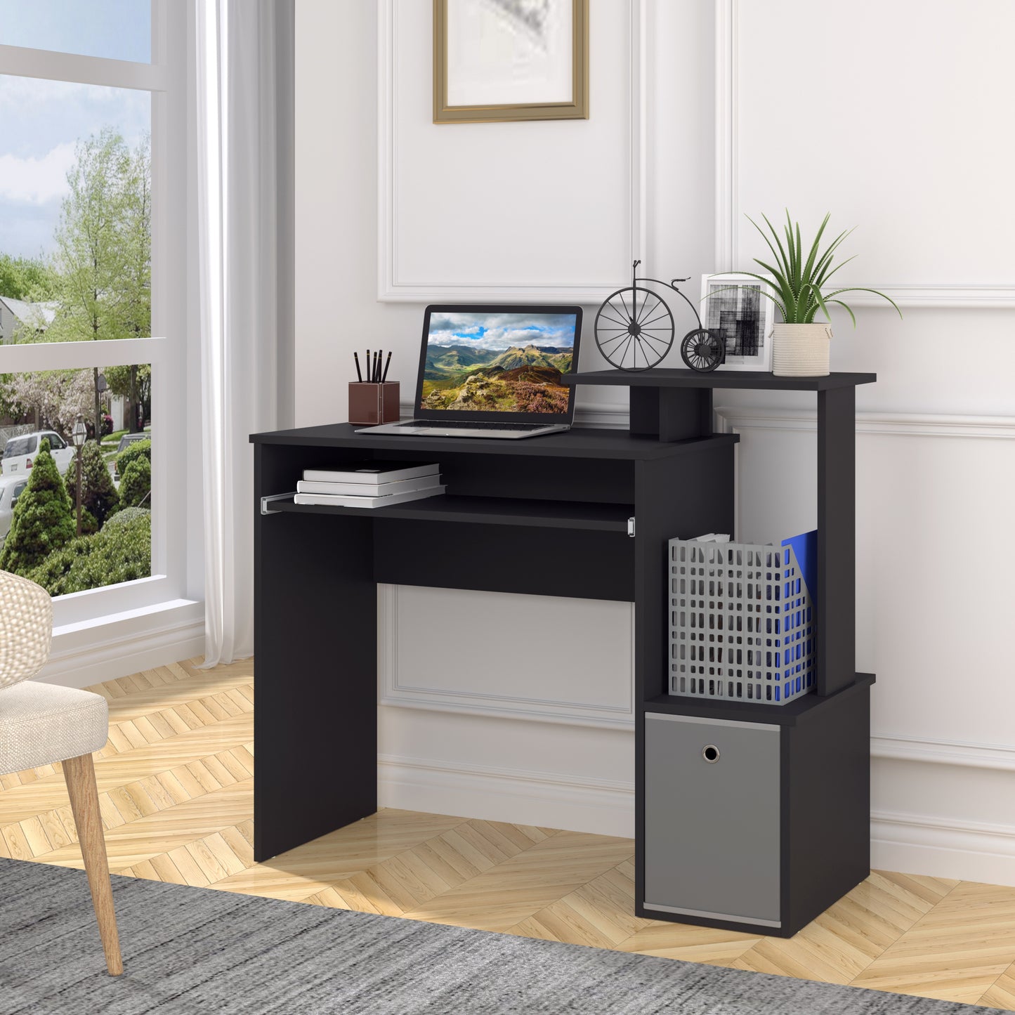 Noelni 100cm Wooden Black Home Office Desk With Sliding Keyboard Tray Drawer And Shelving