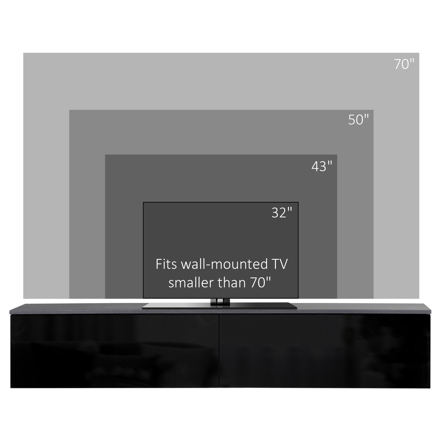 Elkaro High Gloss Grey And Black Floating TV Cabinet With Cupboards For Screens Up To 70 Inches