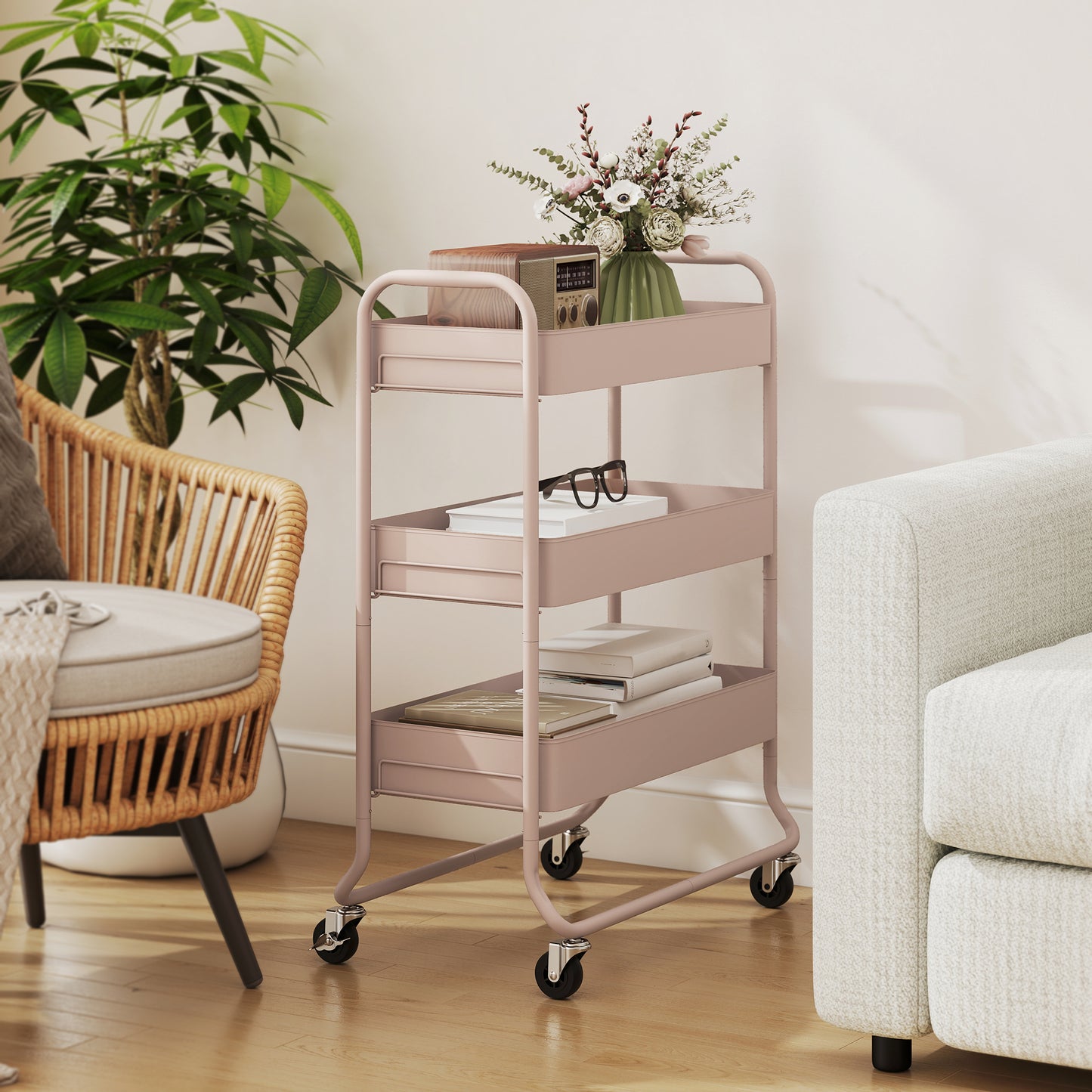 Noluli Doha Metal Light Pink 3 Tier Rolling Utility Trolley With Mesh Baskets