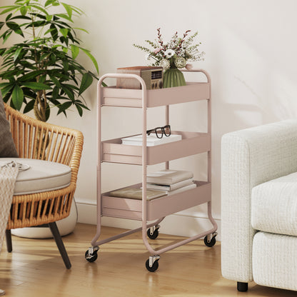 Noluli Doha Metal Light Pink 3 Tier Rolling Utility Trolley With Mesh Baskets