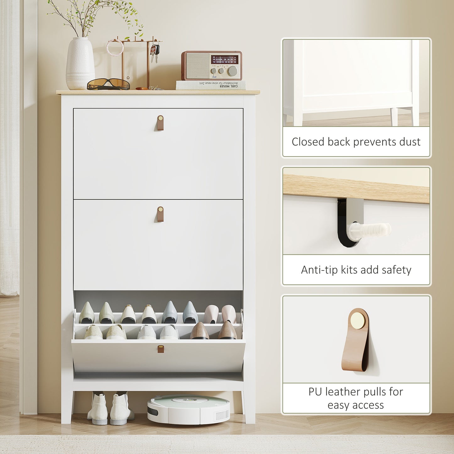 Makeve Wooden White and Natural Modern 3 Drawer Shoe Cabinet Faux Leather Handles