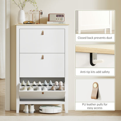 Makeve Wooden White and Natural Modern 3 Drawer Shoe Cabinet Faux Leather Handles