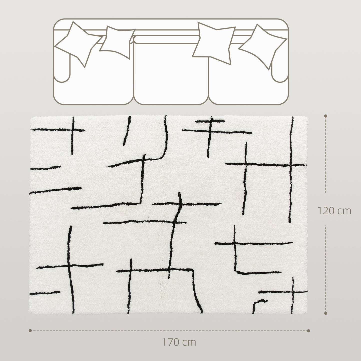 Soelvi White and Black Fluffy High Pile Geometric Rug 170 x 120cm
