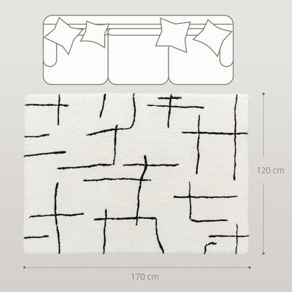Soelvi White and Black Fluffy High Pile Geometric Rug 170 x 120cm