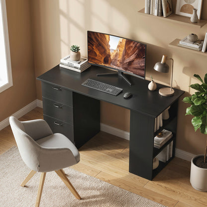 Malilu 120cm Wooden Black Home Office Desk With 3 Shelves And Drawer Storage