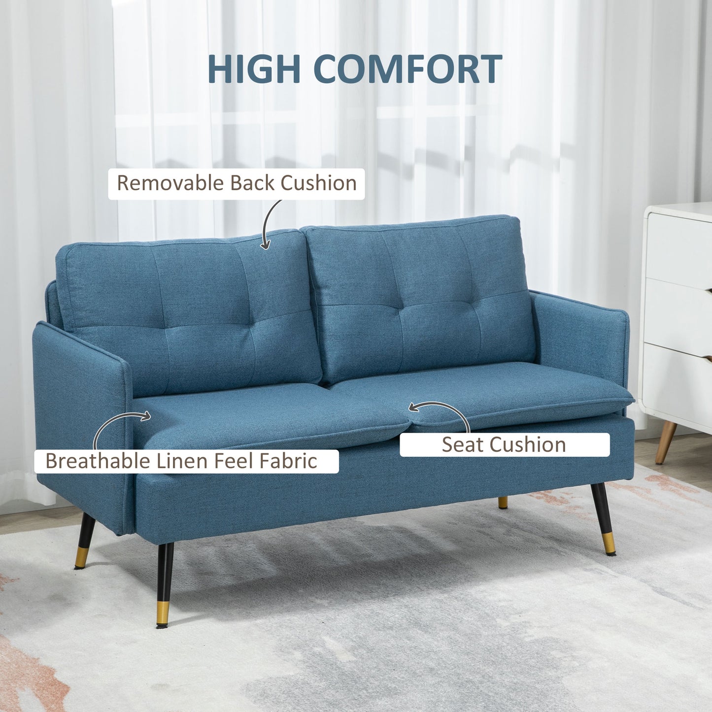 Mado Fabric Dark Blue Button Tufted 2 Seater Sofa With Cushions And Steel Legs