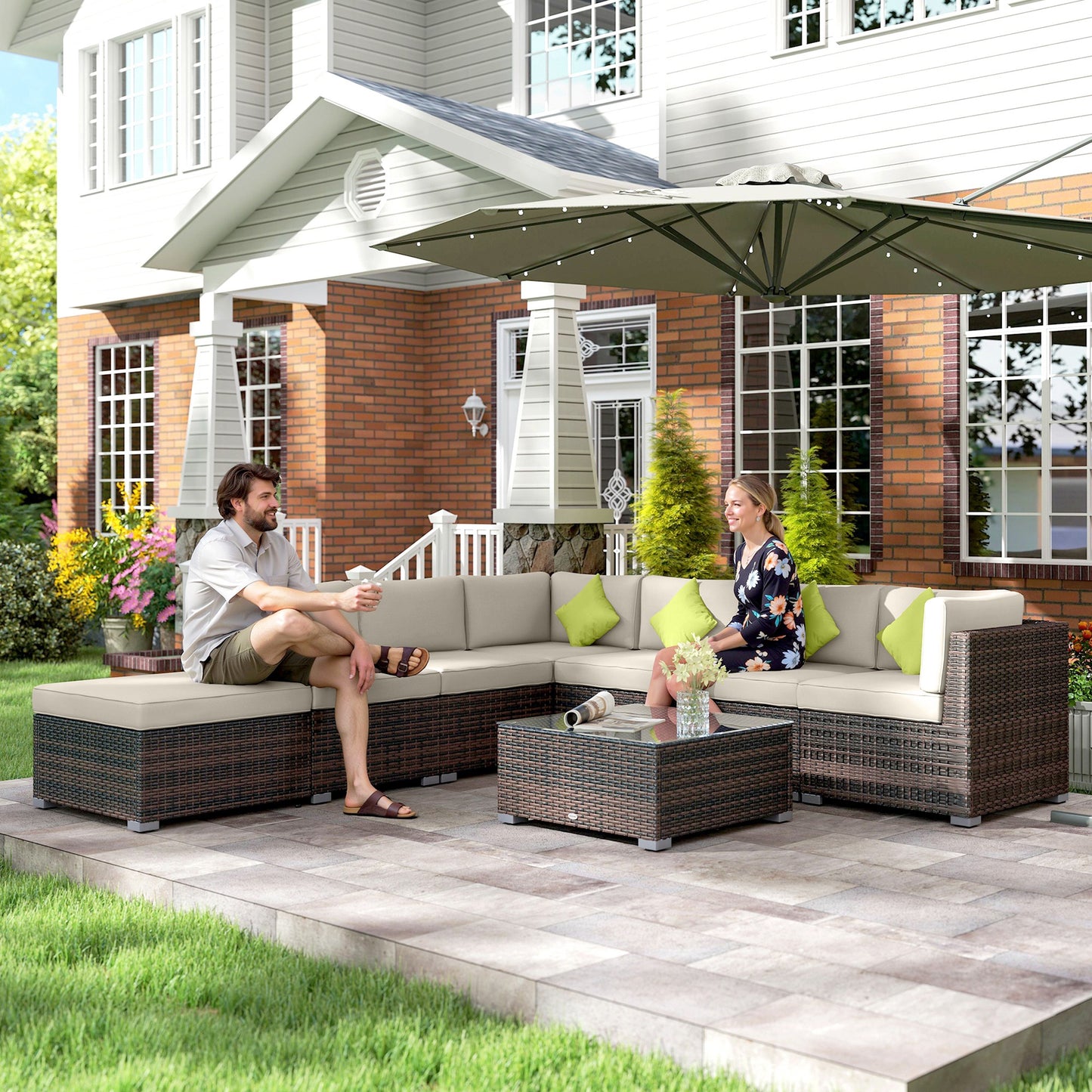 Dobazi  Mixed Brown Rattan 6 Seater Corner Sofa Set With Cushions And Glass Coffee Table