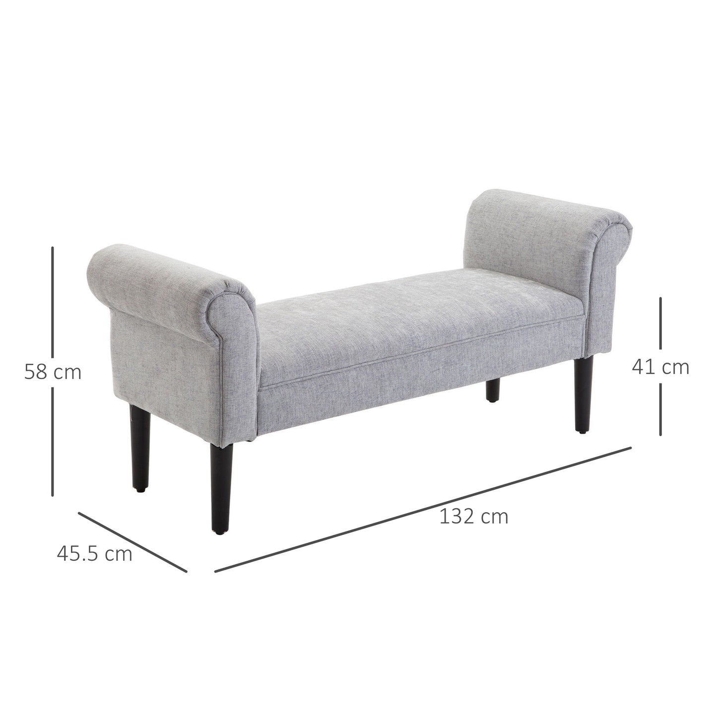 Bapazi Fabric Grey Upholstered Bed End Bench With Arm And Wooden Legs