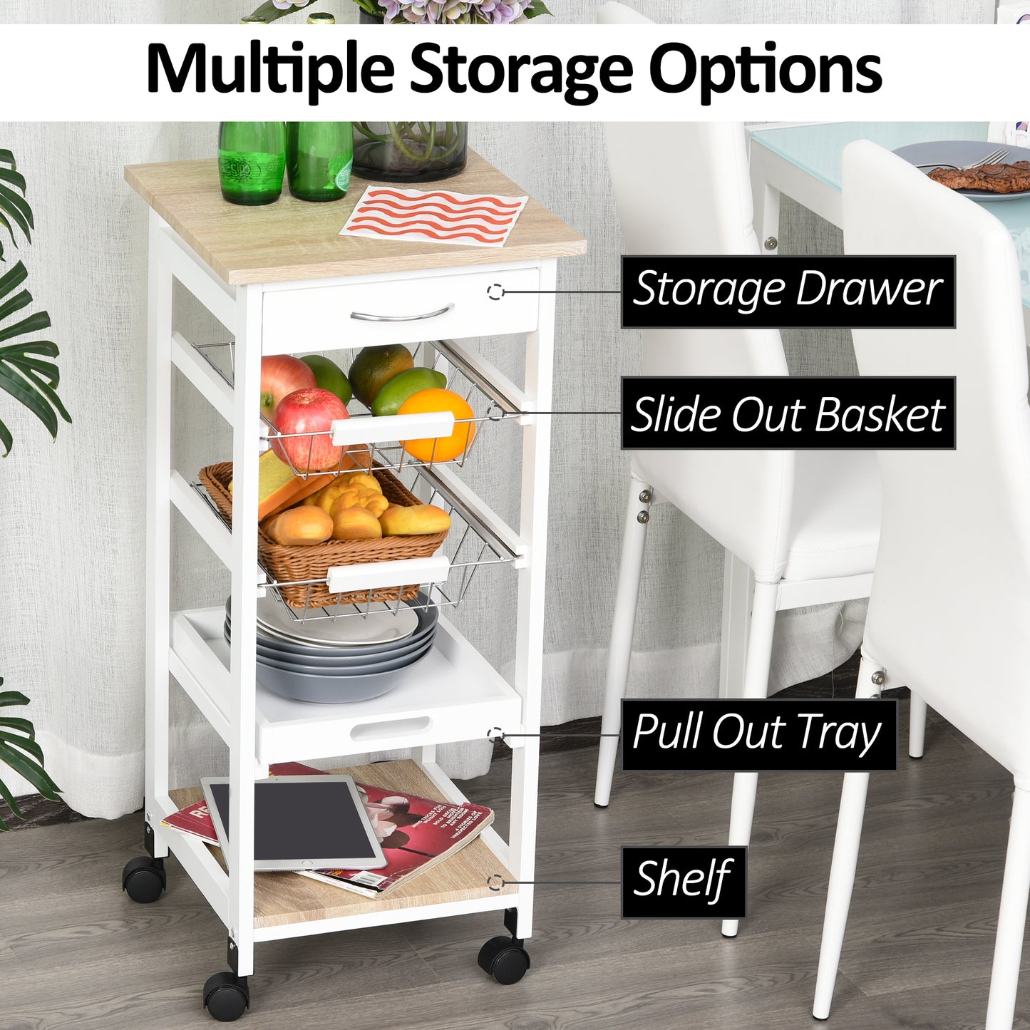 Dini Wooden White Mobile Kitchen Trolley With Baskets Shelves And Wheels