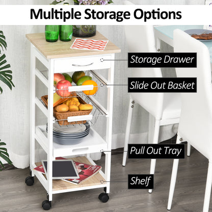 Dini Wooden White Mobile Kitchen Trolley With Baskets Shelves And Wheels
