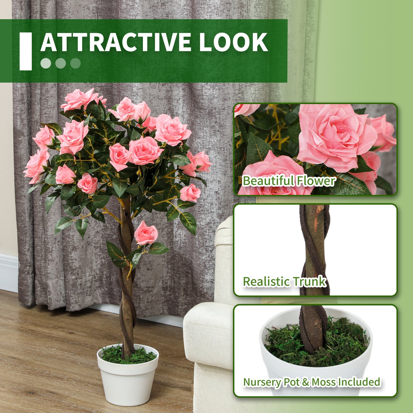 Semoco Set Of 2 Artificial Pink Rose Floral Plants In Pots H8 90cm