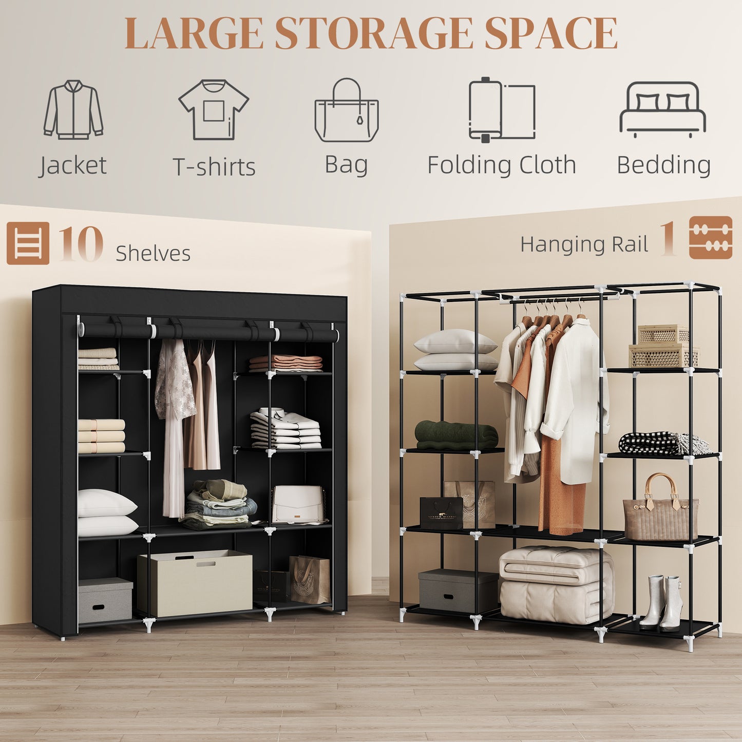 Belapalo Black Foldable Fabric Wardrobe With Shelves And Zip Cover