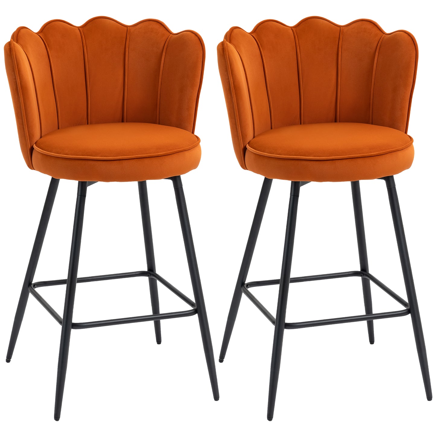 Nivi Set Of 2 Orange Velvet Upholstered Lotus Design Bar Stools