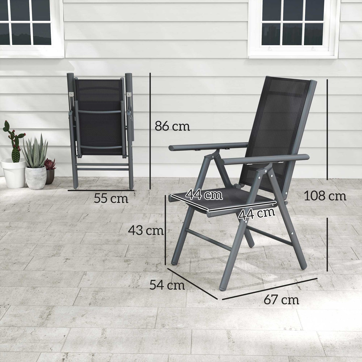 Disusu Set Of 2 Aluminium Dark Grey Folding Garden Dining Chairs With Breathable Mesh