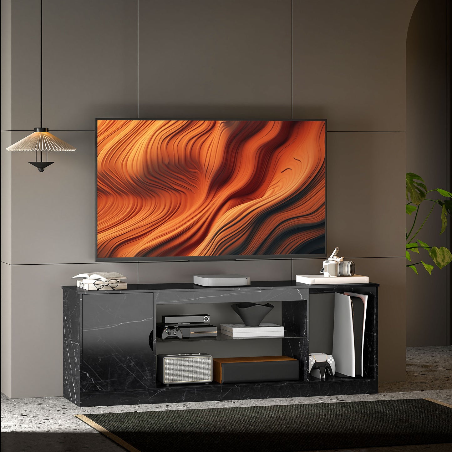 Avadell 148cm Black Marble Effect TV Unit With Glass Shelves For Screens Up To 55 Inches
