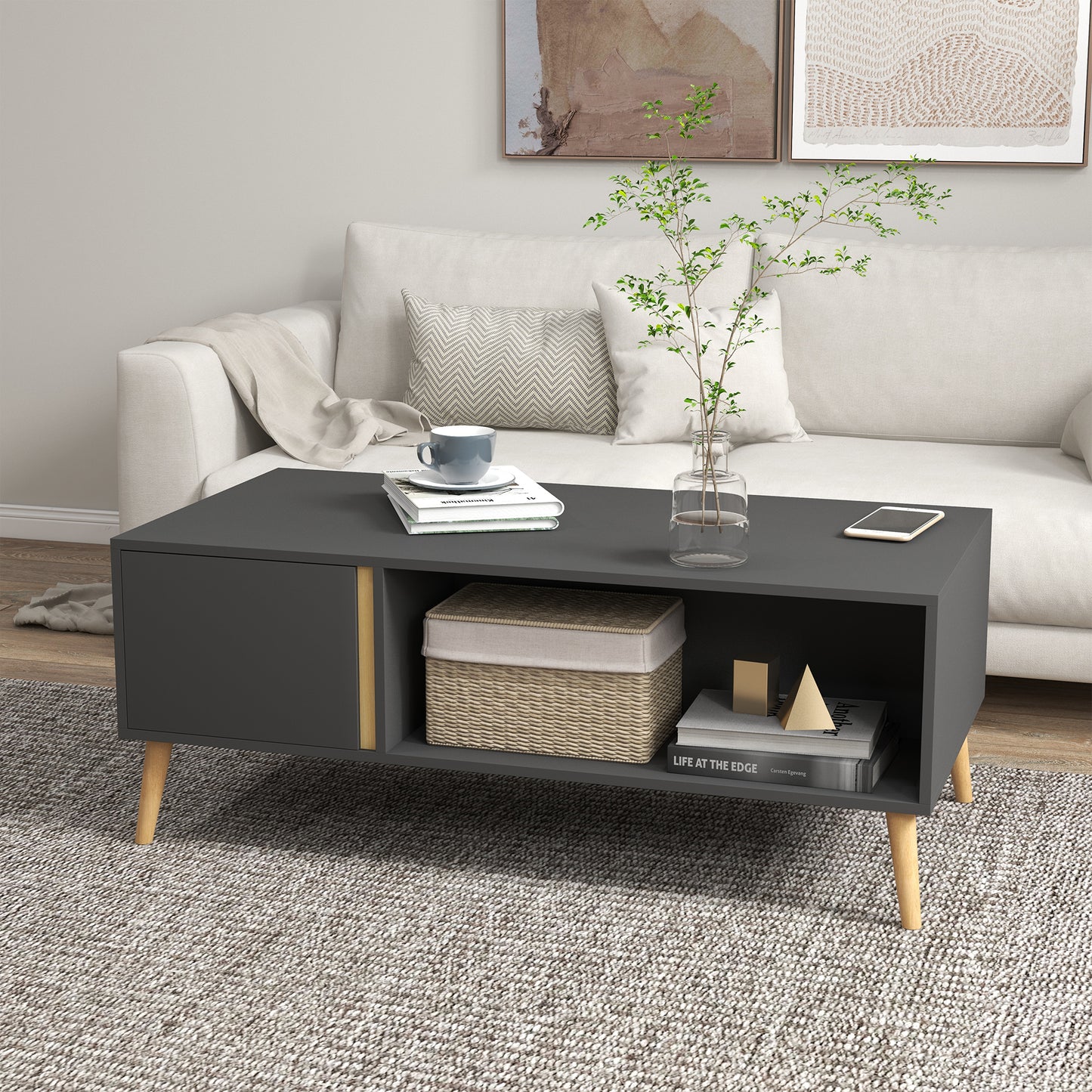 Panedi Wooden Grey Rectangular Coffee Table With Storage Compartments And Cabinets