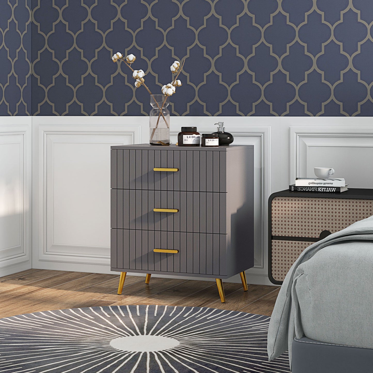 Momase Tall Wooden Grey And Gold Tone 3 Drawer Embossed Bedside Table