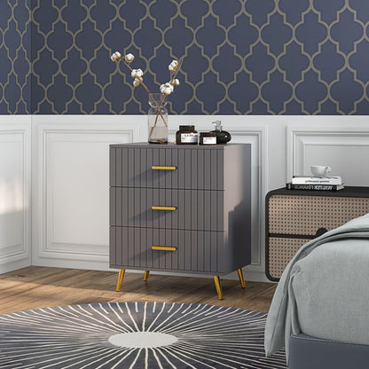 Momase Tall Wooden Grey And Gold Tone 3 Drawer Embossed Bedside Table