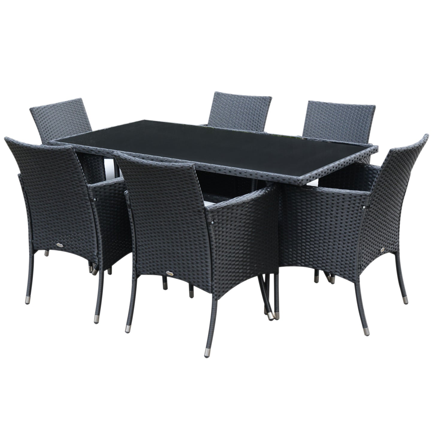 Loreke Black Rattan 6 Seater Outdoor Dining Set With Armchairs And Glass Top Table